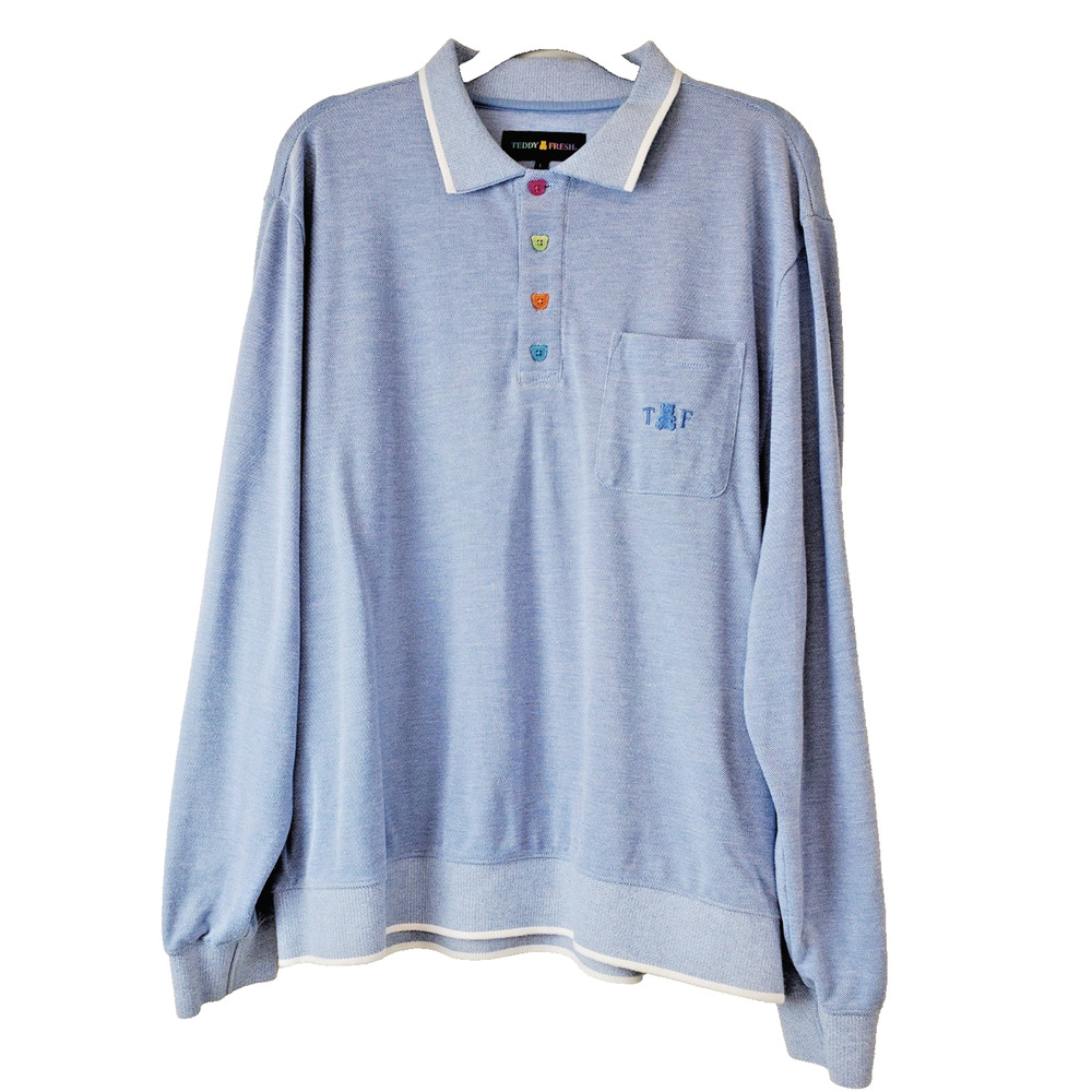 Teddy Fresh Shirt Mens Large Cotton Long Sleeve‎ Blue Embroidered Logo Buttons